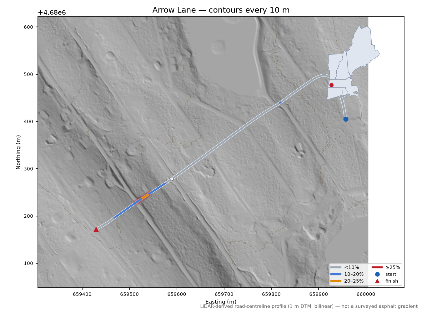 Arrow Lane LiDAR hillshade map with contours