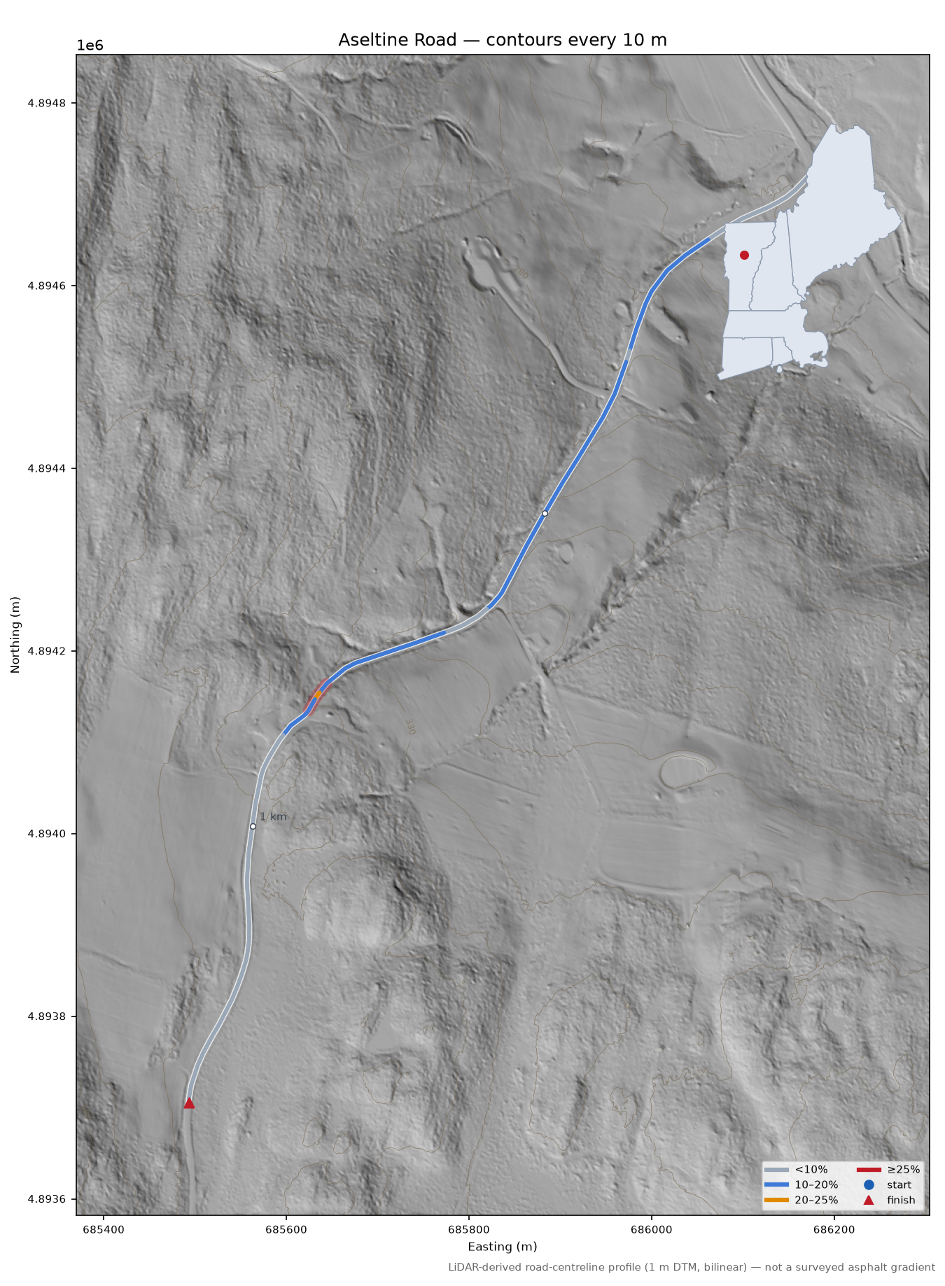 Aseltine Road LiDAR hillshade map with contours
