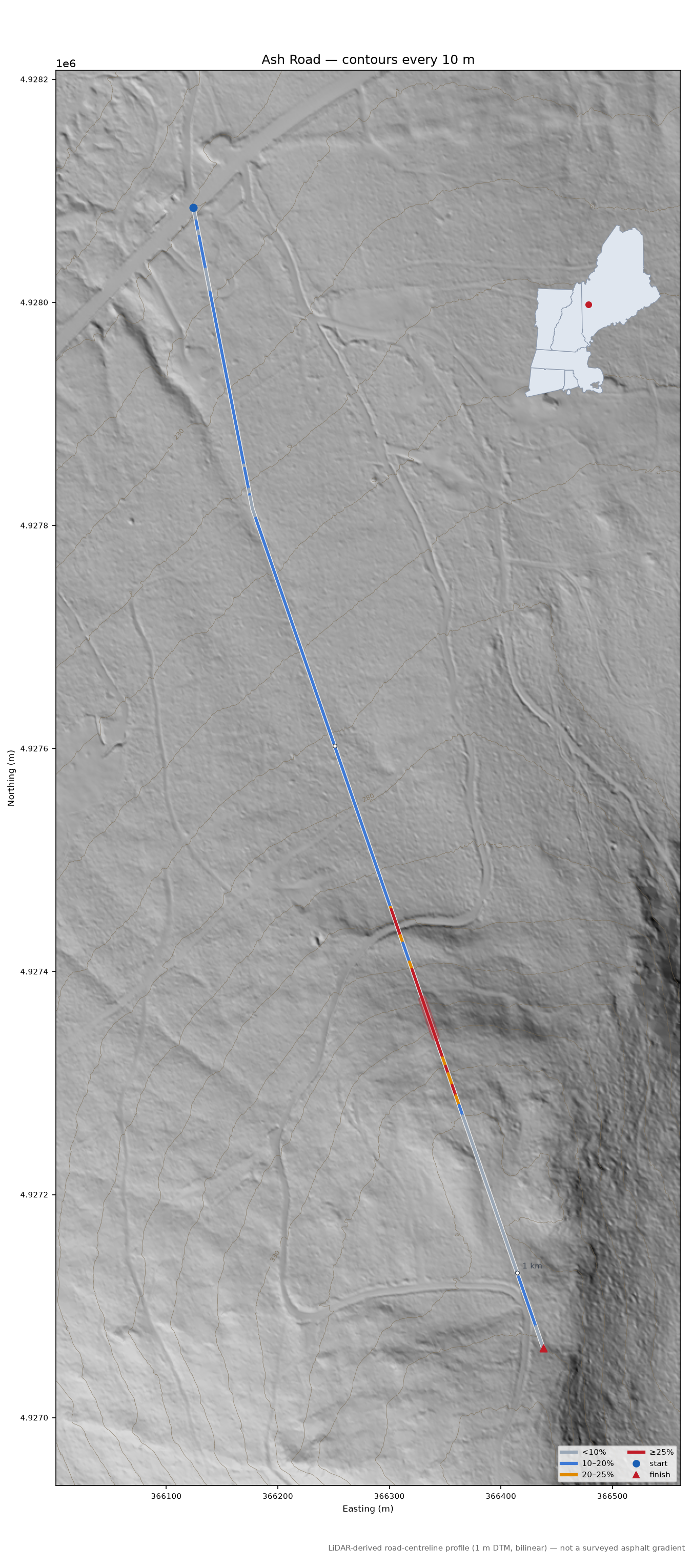 Ash Road LiDAR hillshade map with contours