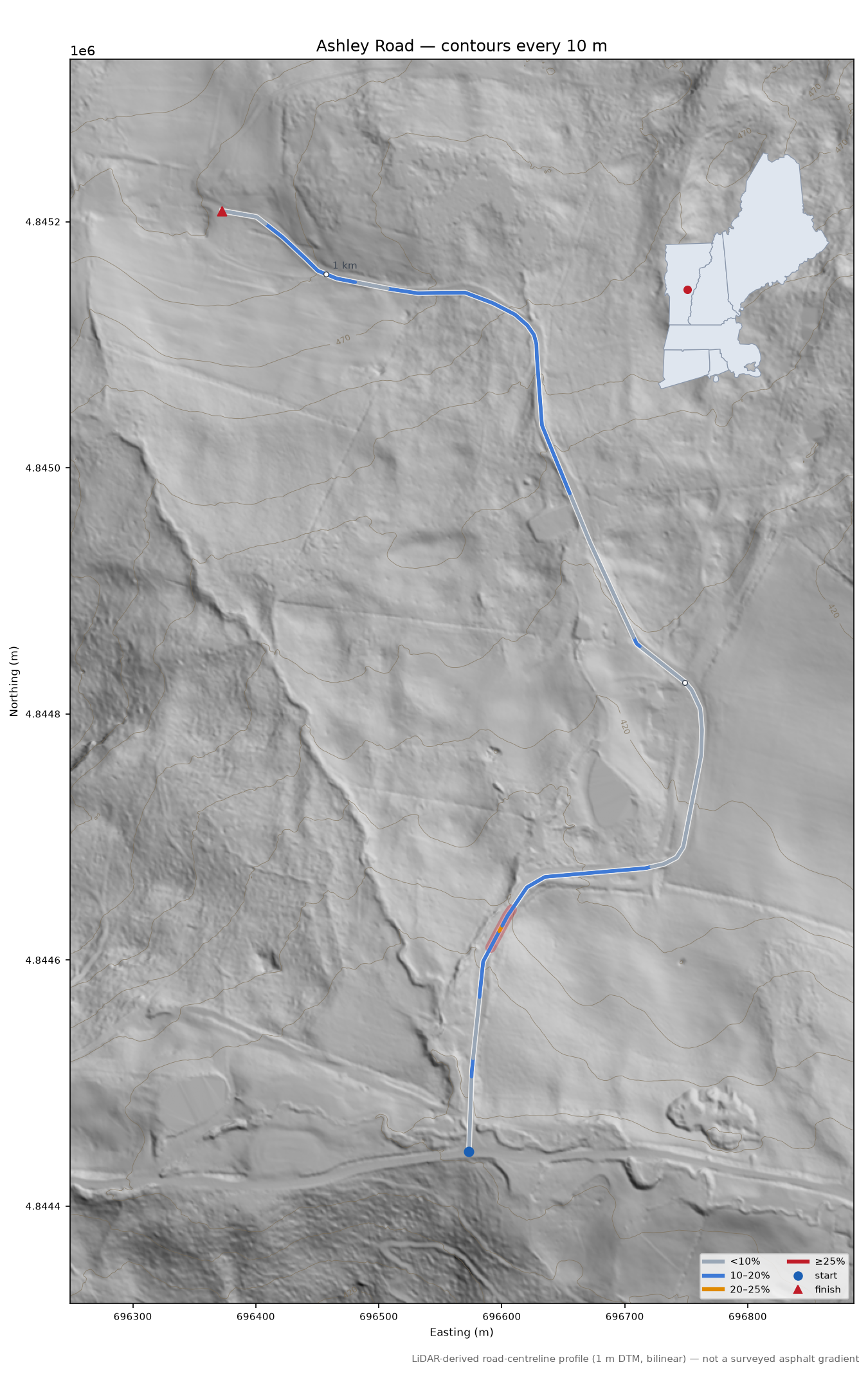 Ashley Road LiDAR hillshade map with contours