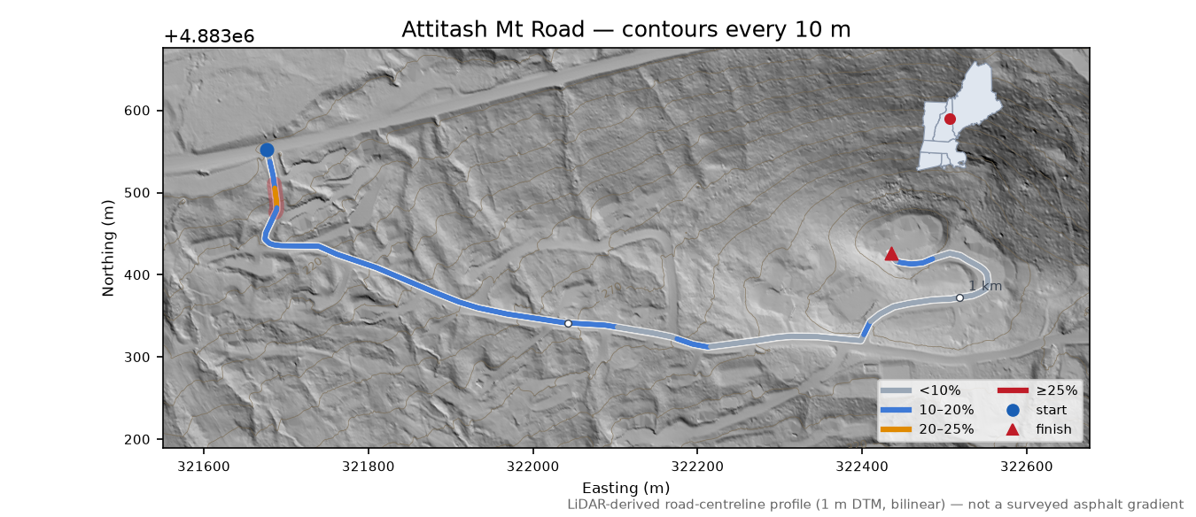 Attitash Mt Road LiDAR hillshade map with contours