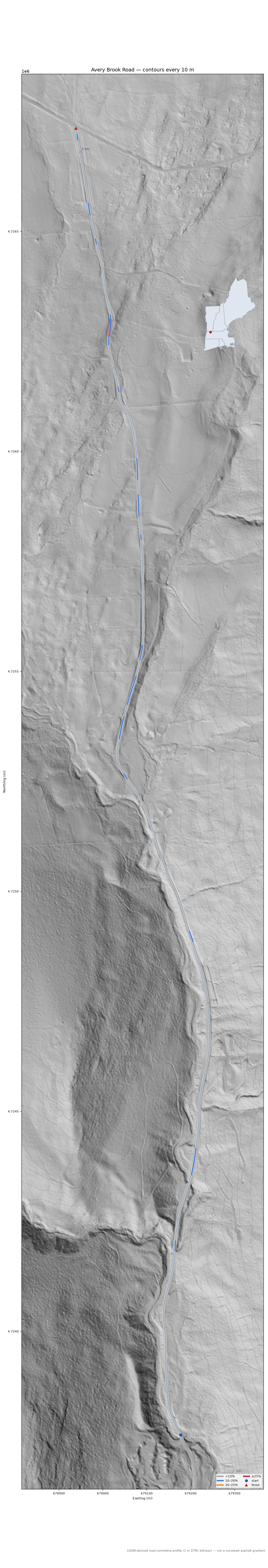Avery Brook Road LiDAR hillshade map with contours