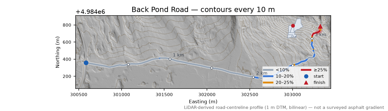 Back Pond Road LiDAR hillshade map with contours