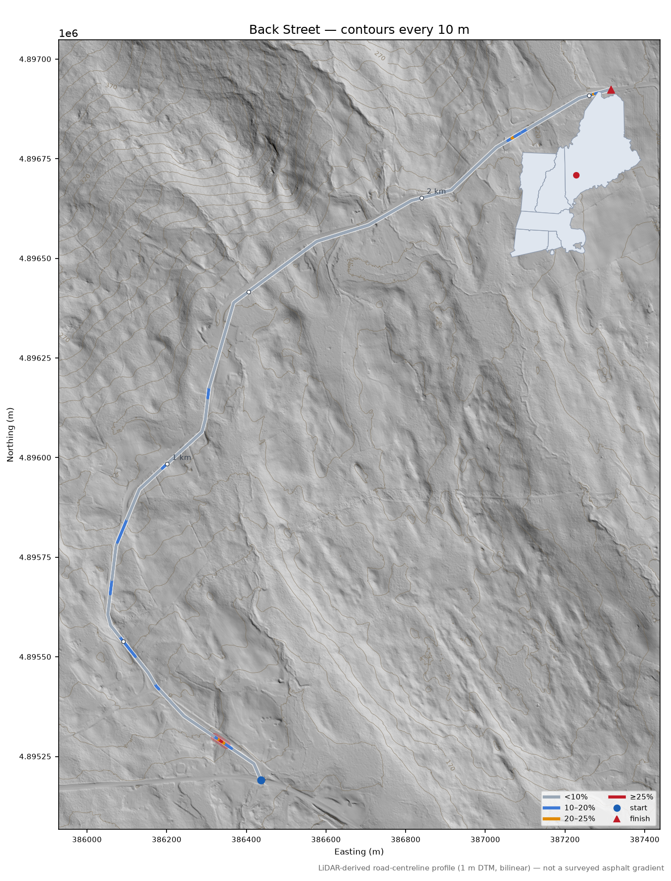 Back Street LiDAR hillshade map with contours