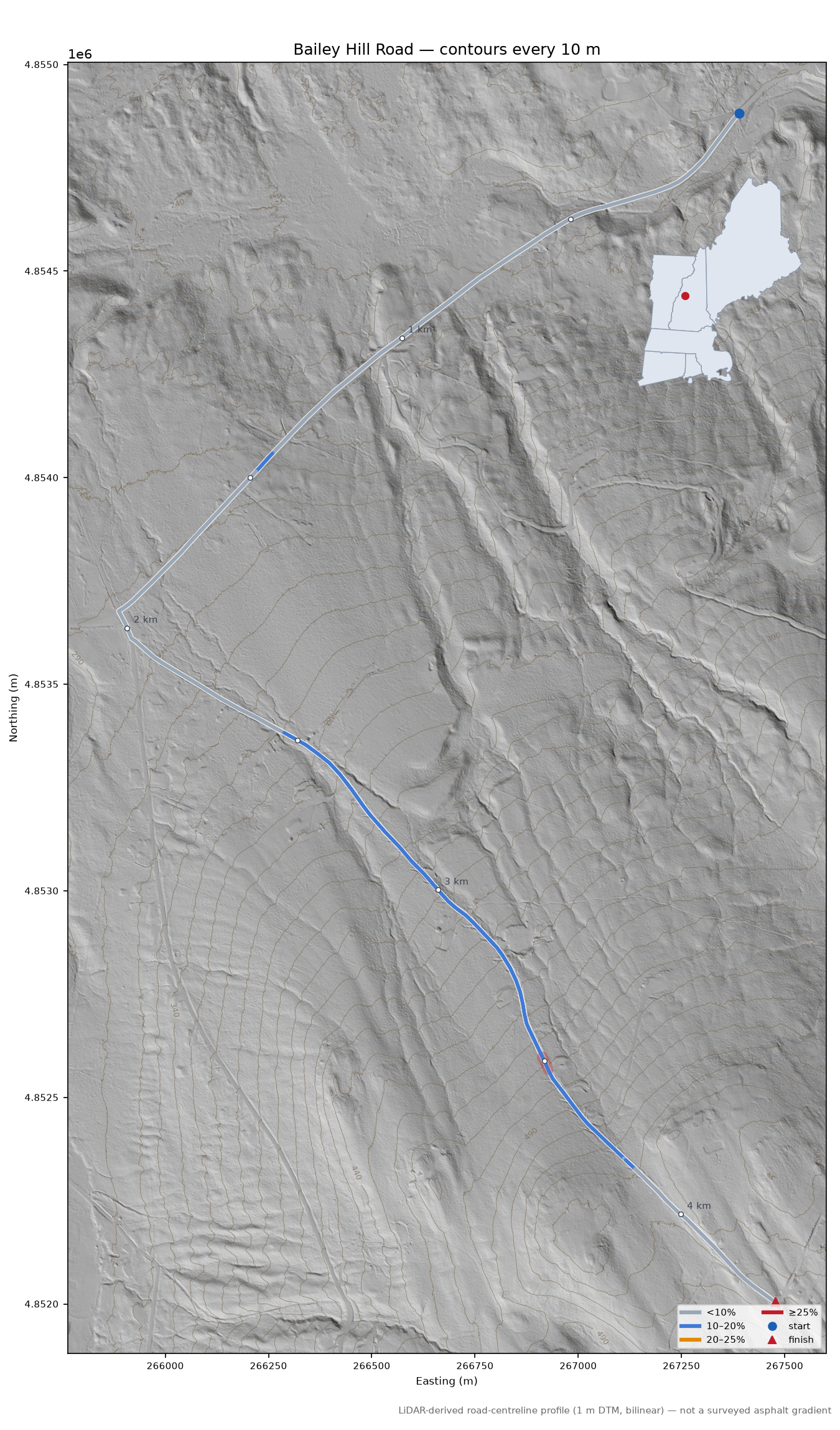Bailey Hill Road LiDAR hillshade map with contours