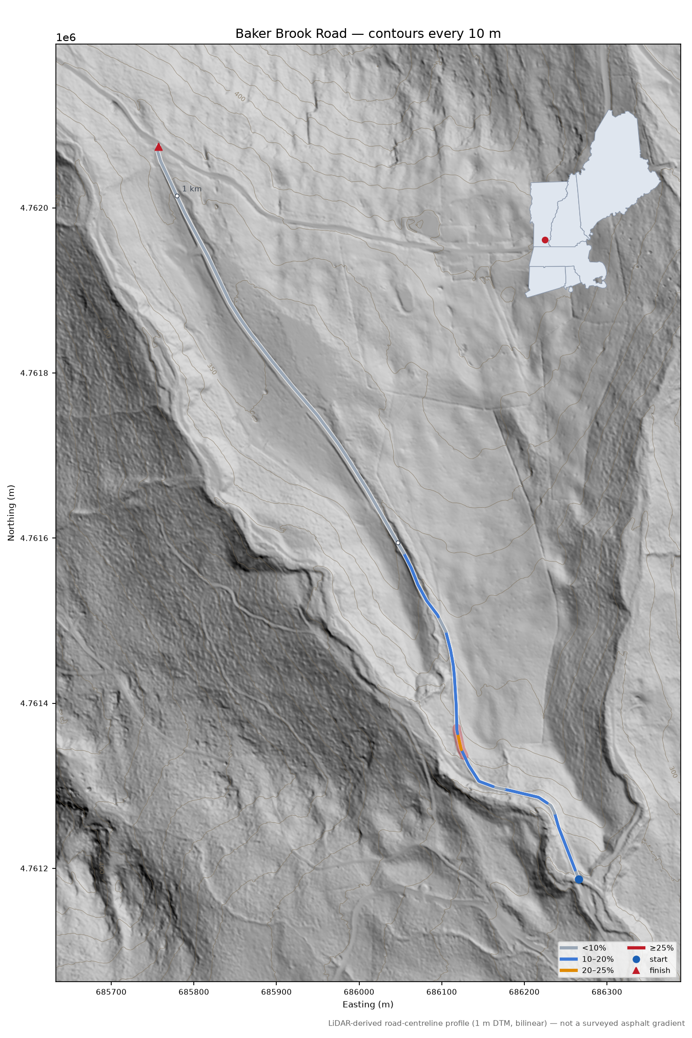 Baker Brook Road LiDAR hillshade map with contours