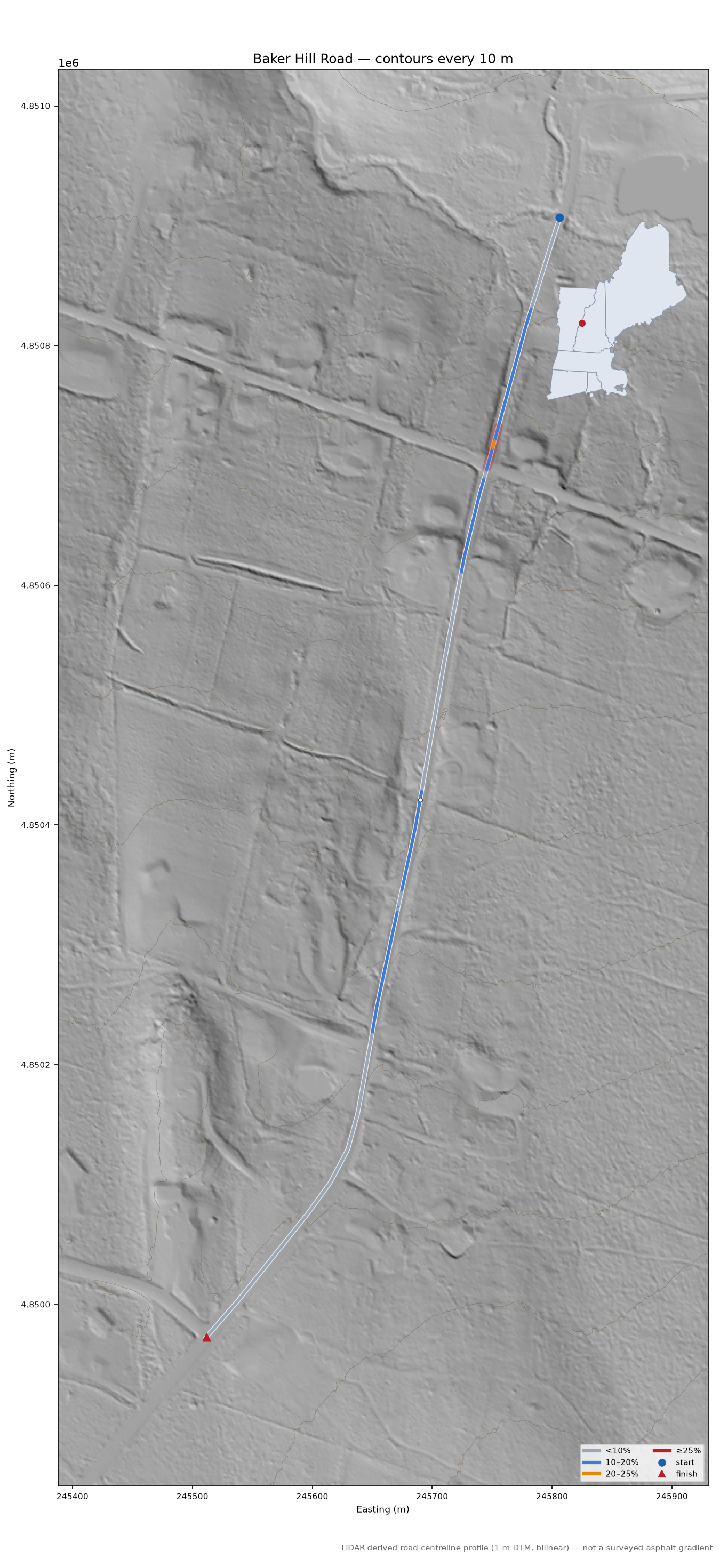 Baker Hill Road LiDAR hillshade map with contours