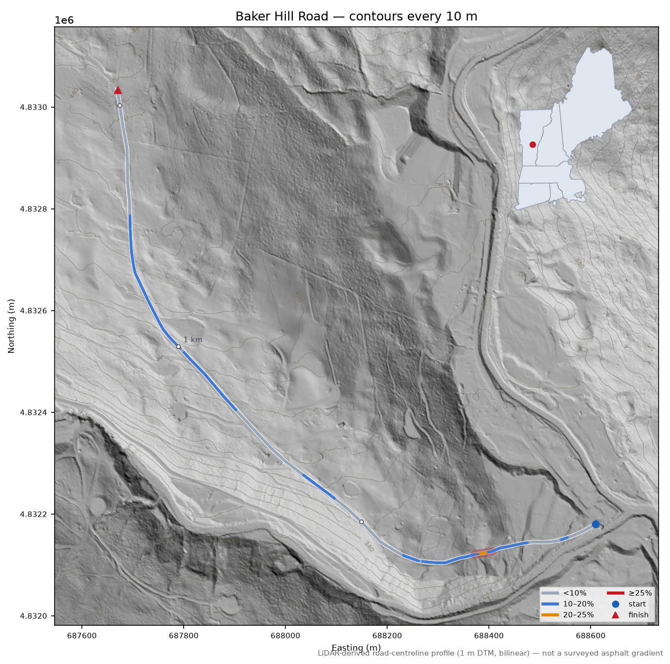 Baker Hill Road LiDAR hillshade map with contours
