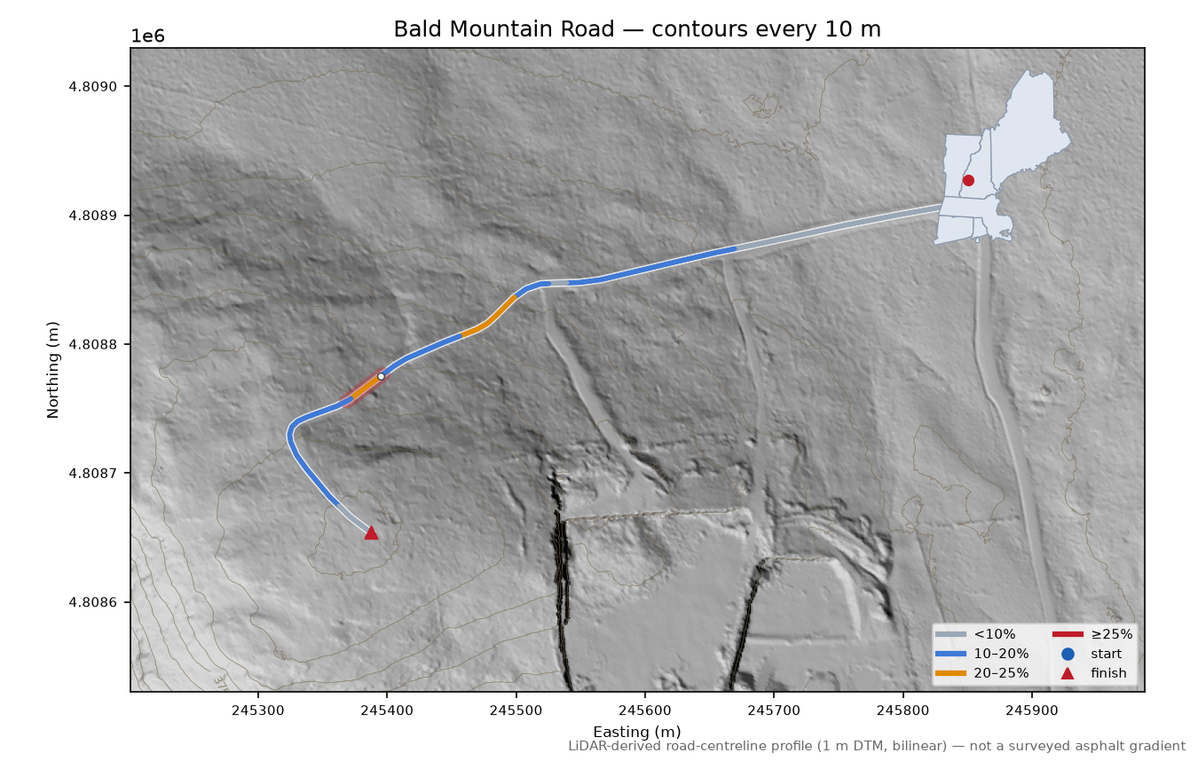 Bald Mountain Road LiDAR hillshade map with contours