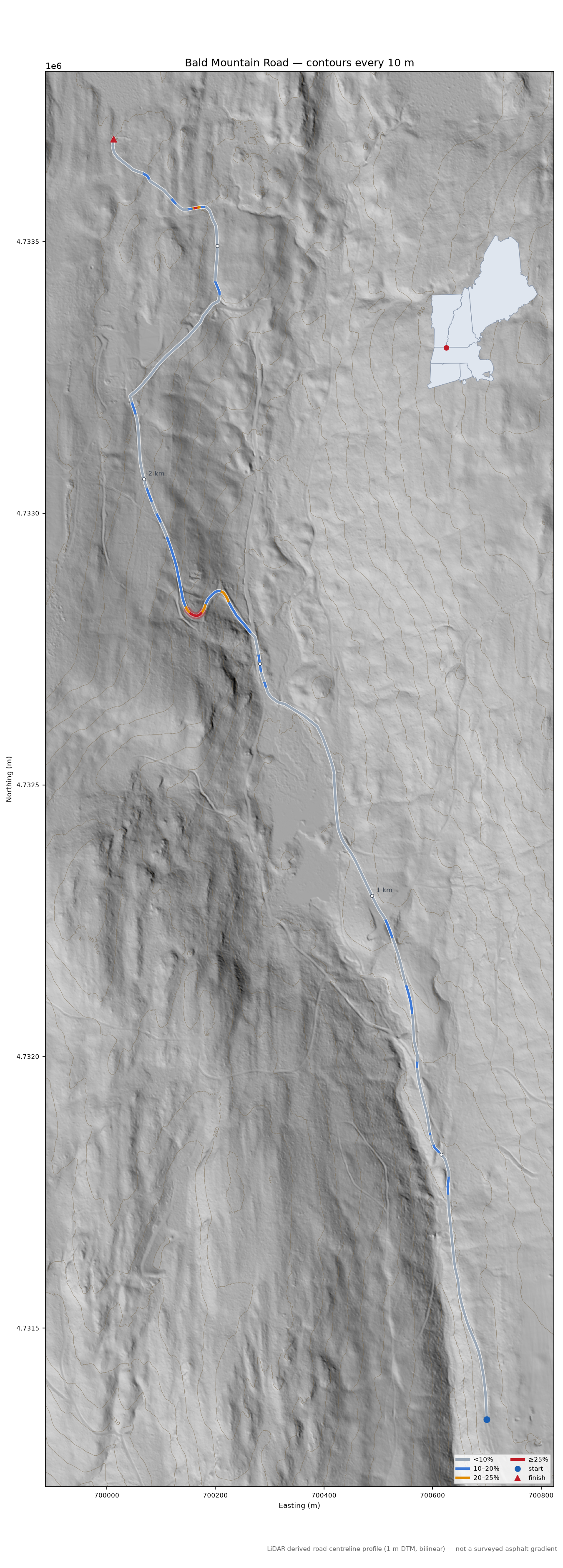 Bald Mountain Road LiDAR hillshade map with contours