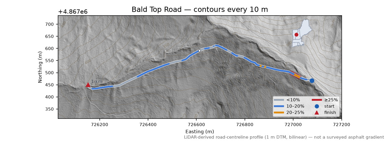 Bald Top Road LiDAR hillshade map with contours