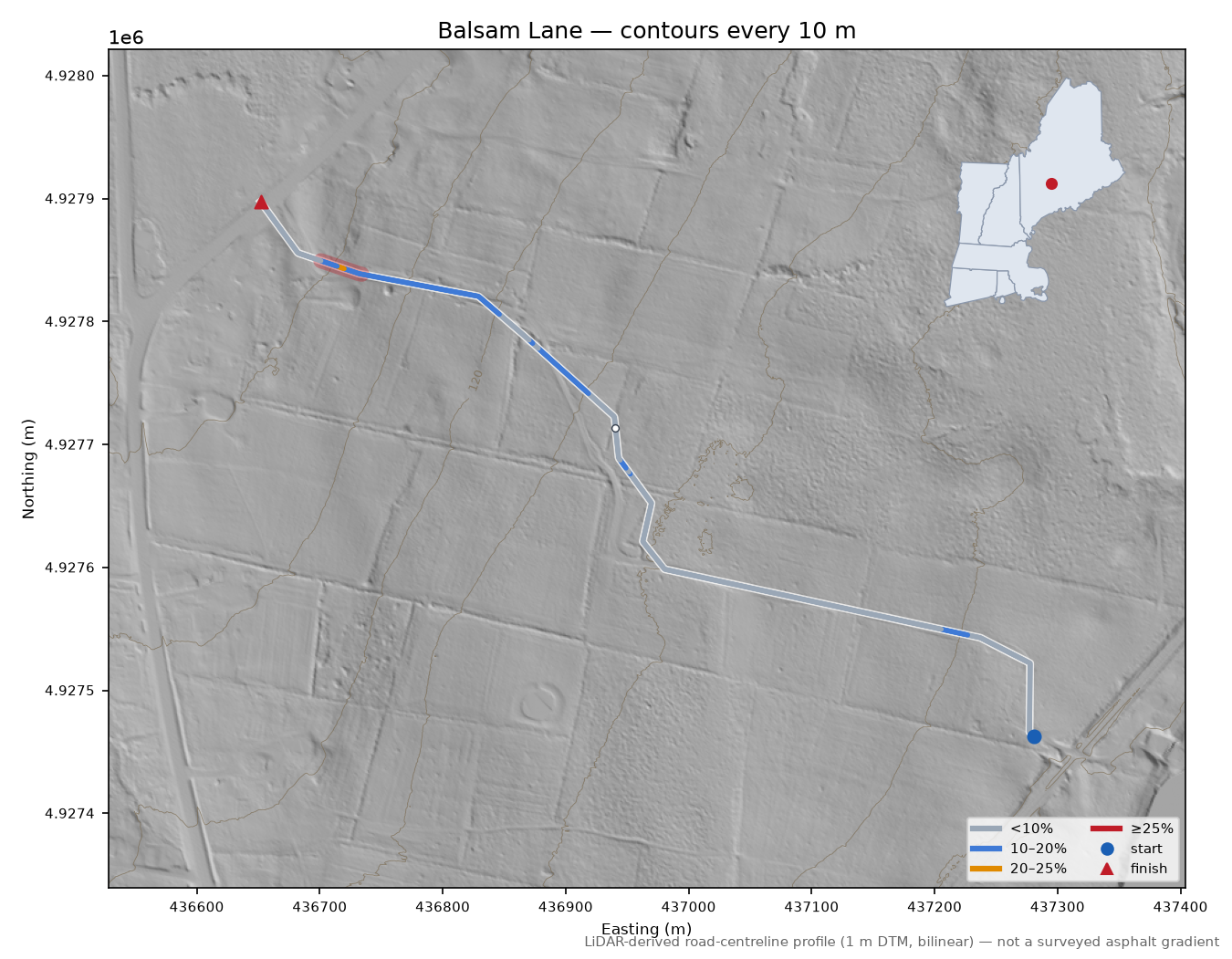 Balsam Lane LiDAR hillshade map with contours