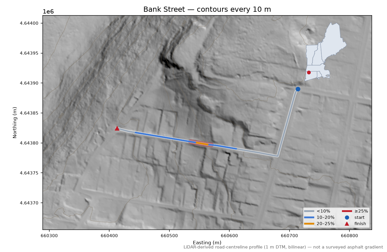 Bank Street LiDAR hillshade map with contours