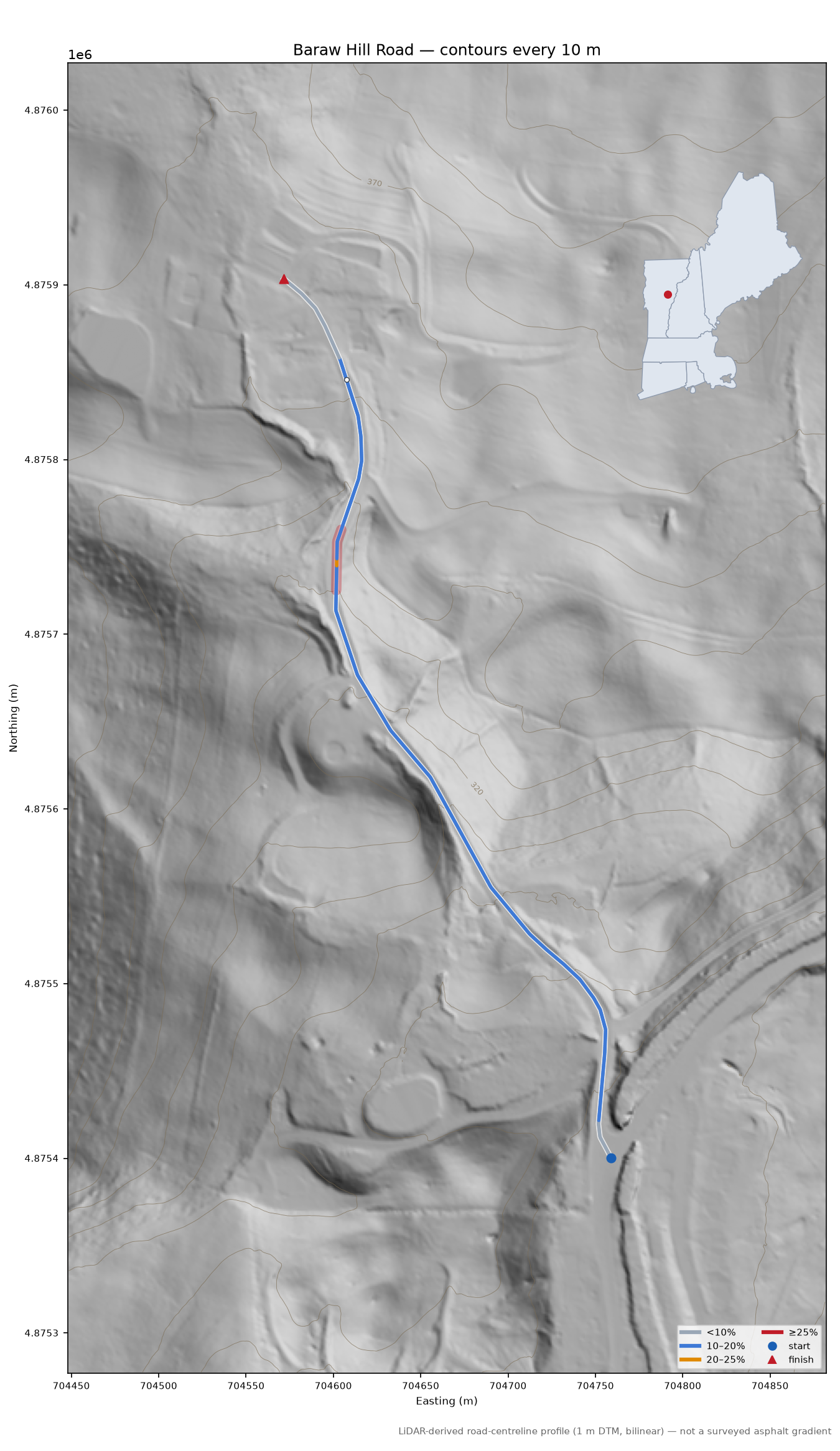 Baraw Hill Road LiDAR hillshade map with contours