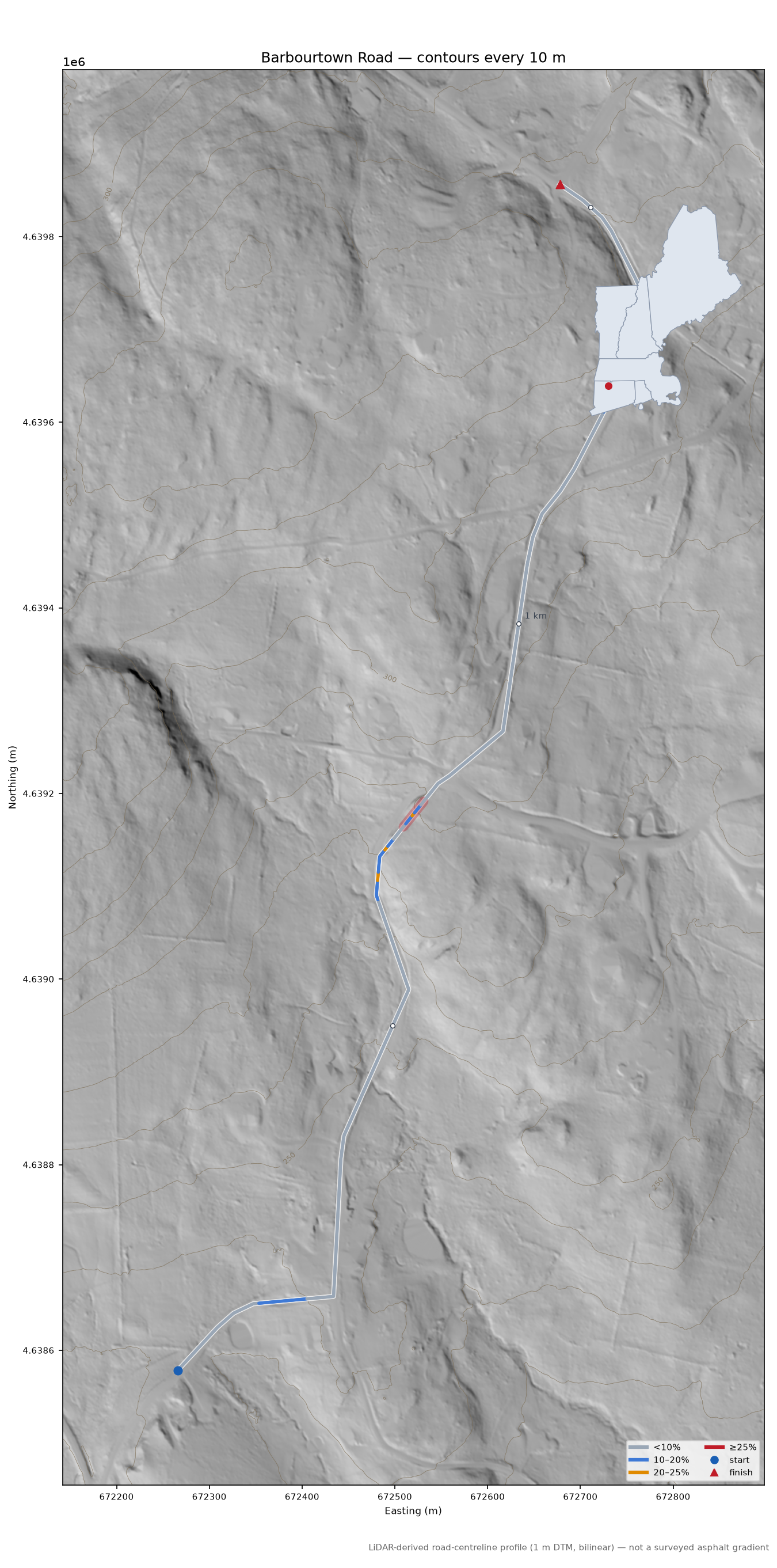 Barbourtown Road LiDAR hillshade map with contours
