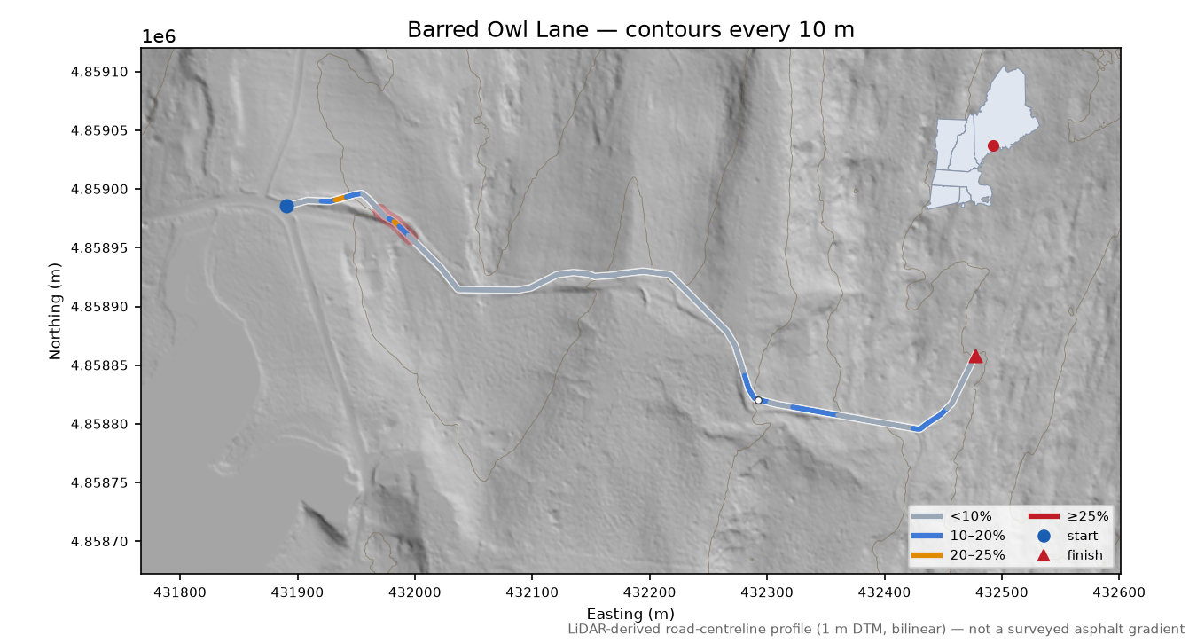 Barred Owl Lane LiDAR hillshade map with contours