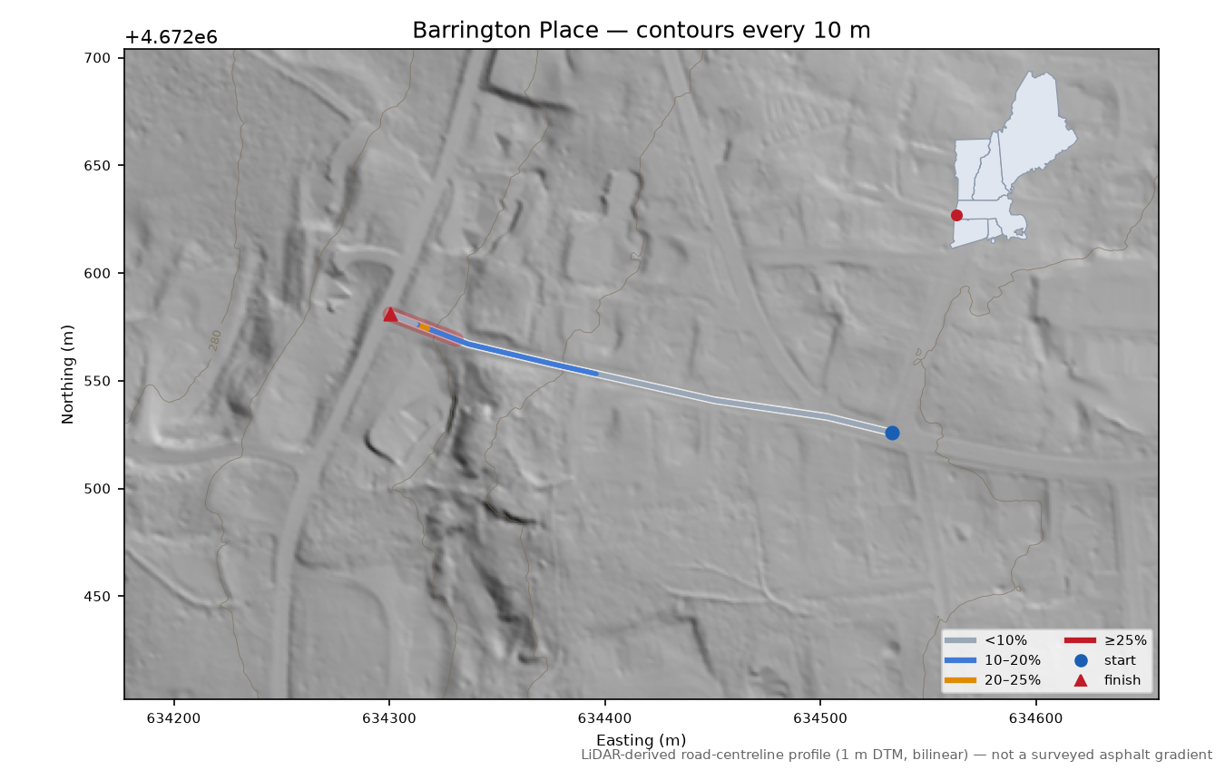 Barrington Place LiDAR hillshade map with contours