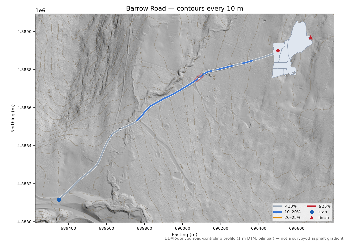 Barrow Road LiDAR hillshade map with contours