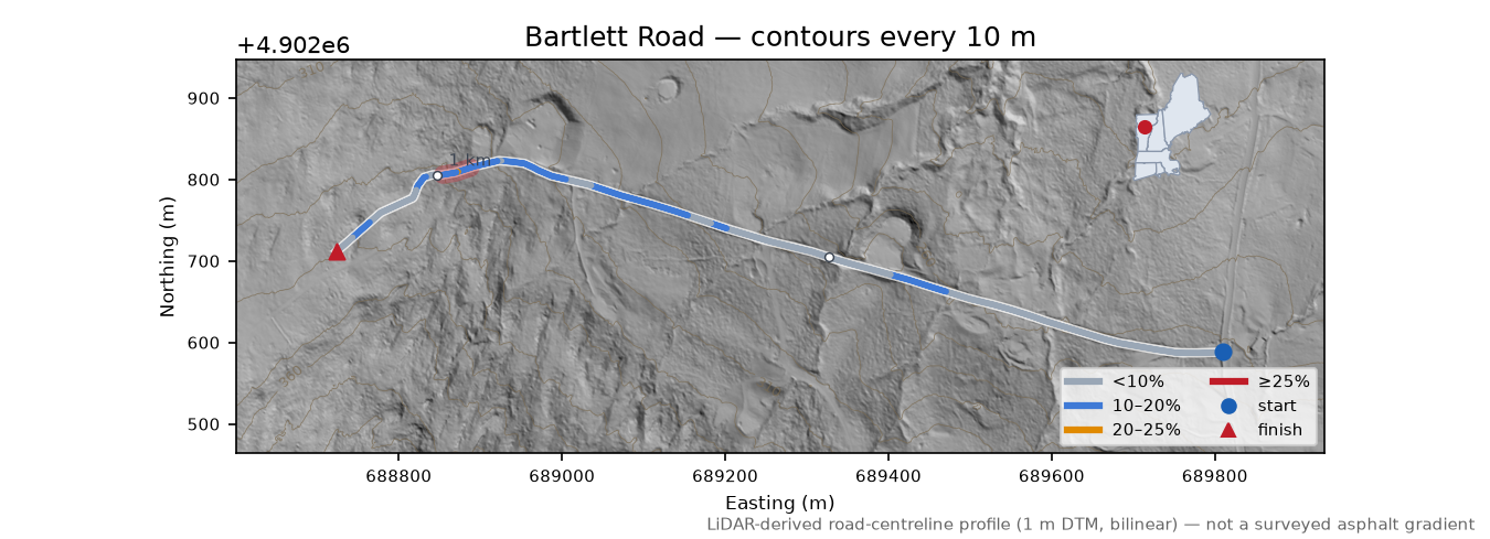 Bartlett Road LiDAR hillshade map with contours