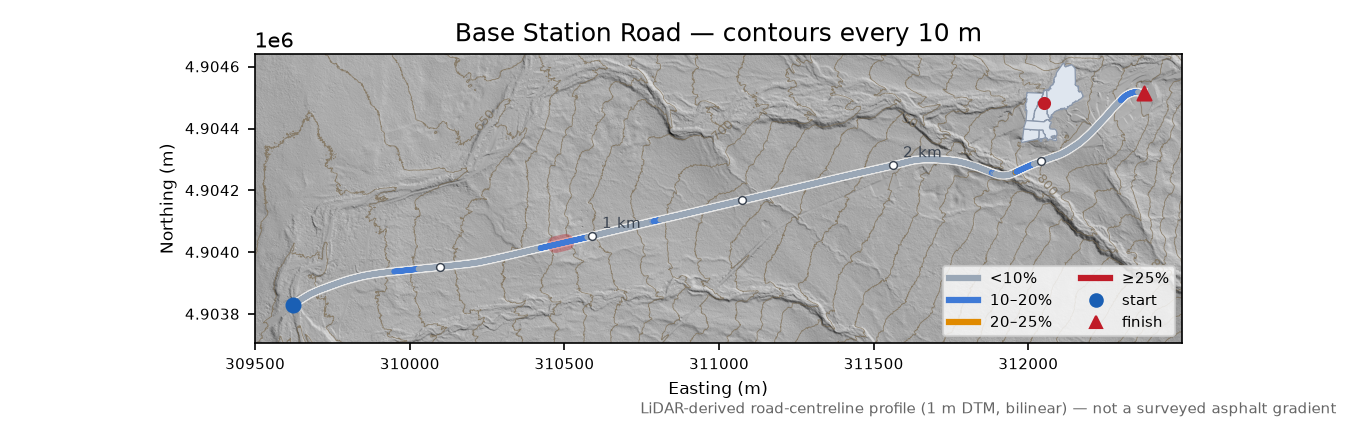 Base Station Road LiDAR hillshade map with contours