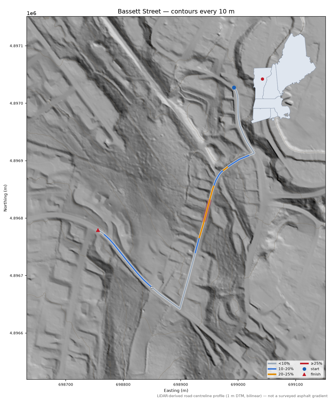 Bassett Street LiDAR hillshade map with contours