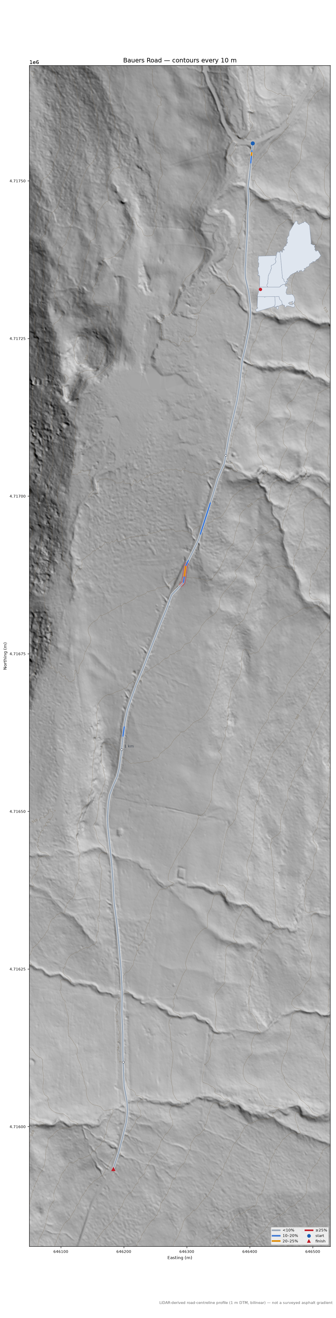 Bauers Road LiDAR hillshade map with contours