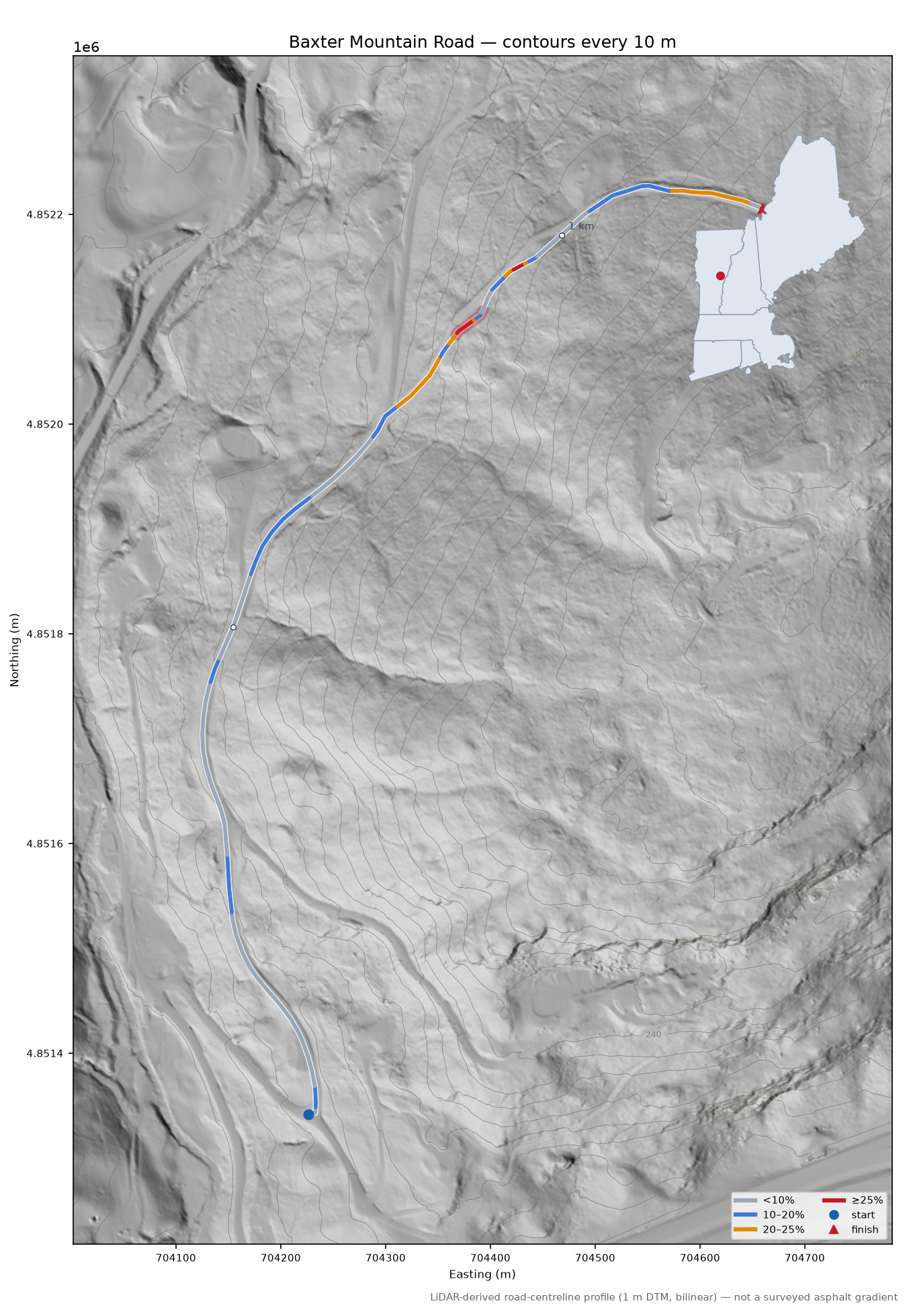 Baxter Mountain Road LiDAR hillshade map with contours