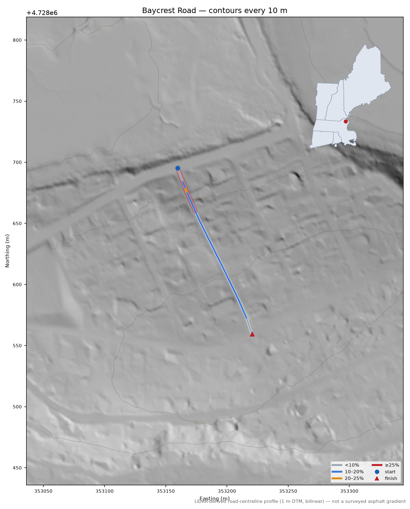 Baycrest Road LiDAR hillshade map with contours