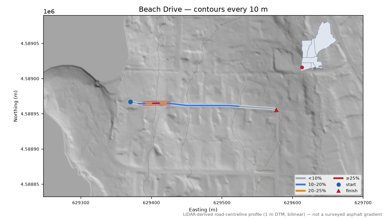 Beach Drive LiDAR hillshade map with contours