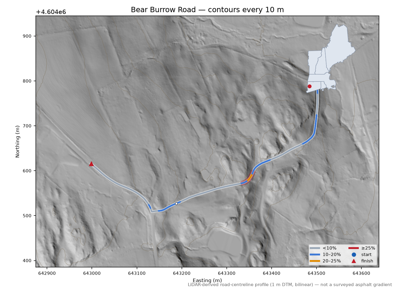 Bear Burrow Road LiDAR hillshade map with contours