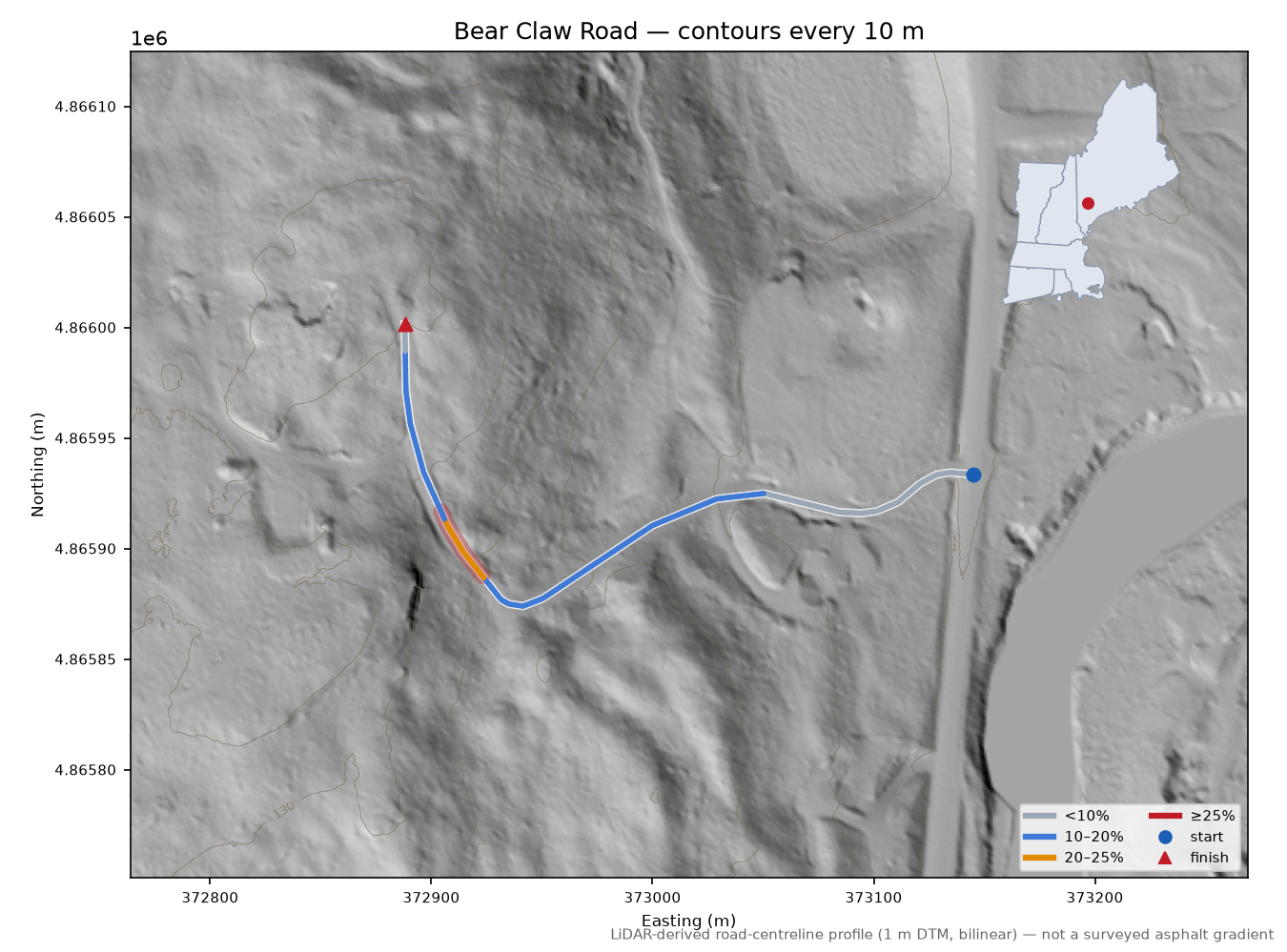 Bear Claw Road LiDAR hillshade map with contours