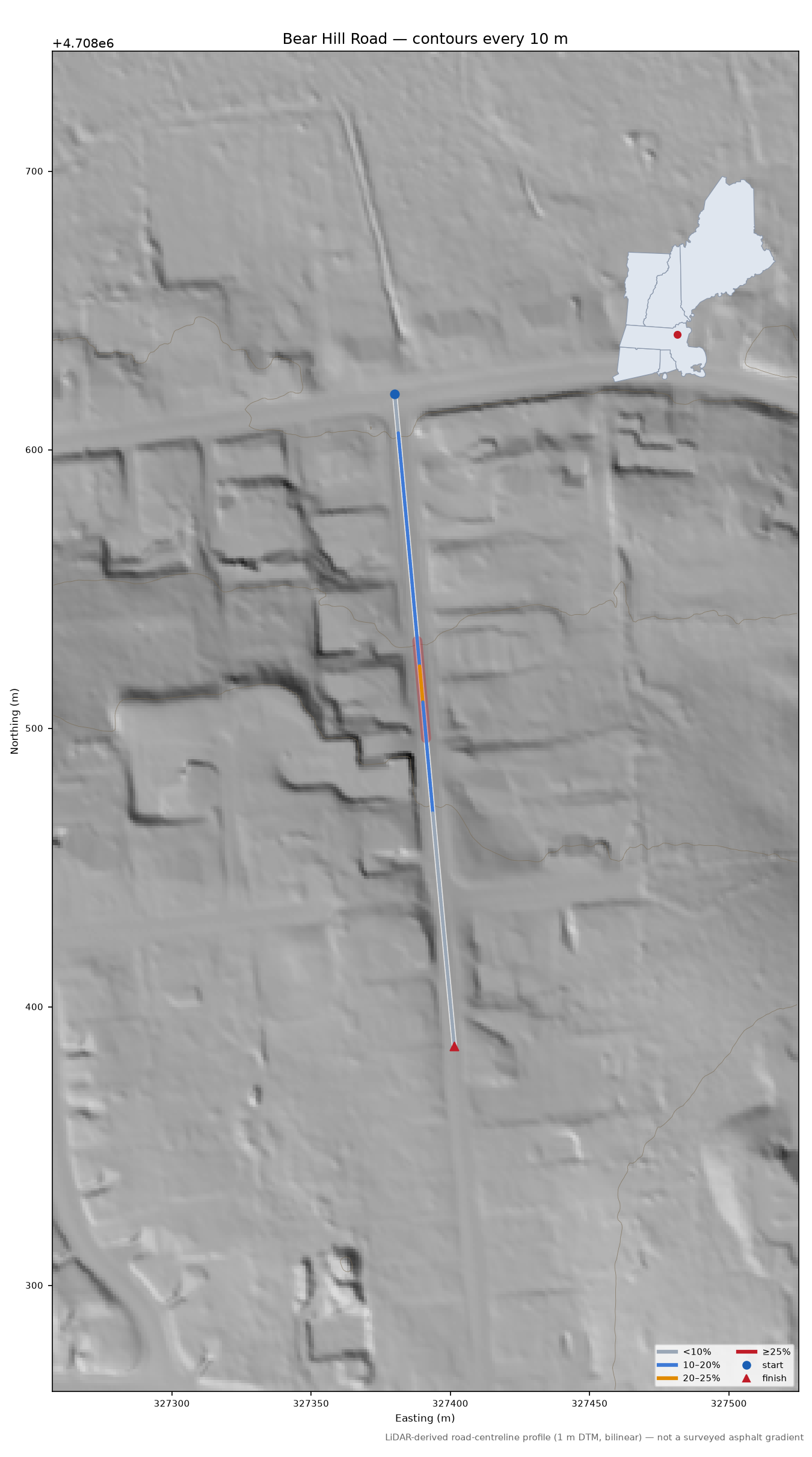 Bear Hill Road LiDAR hillshade map with contours