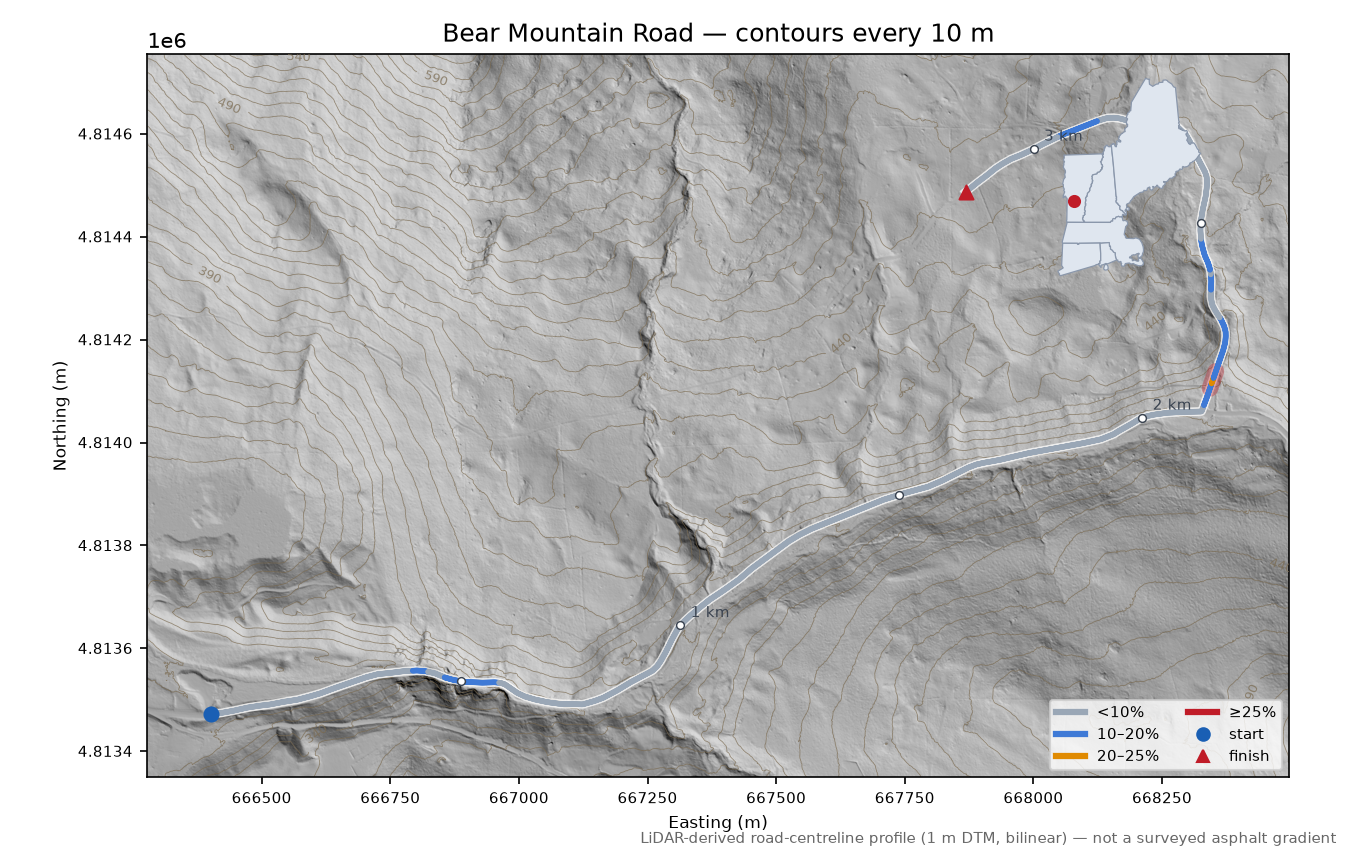 Bear Mountain Road LiDAR hillshade map with contours