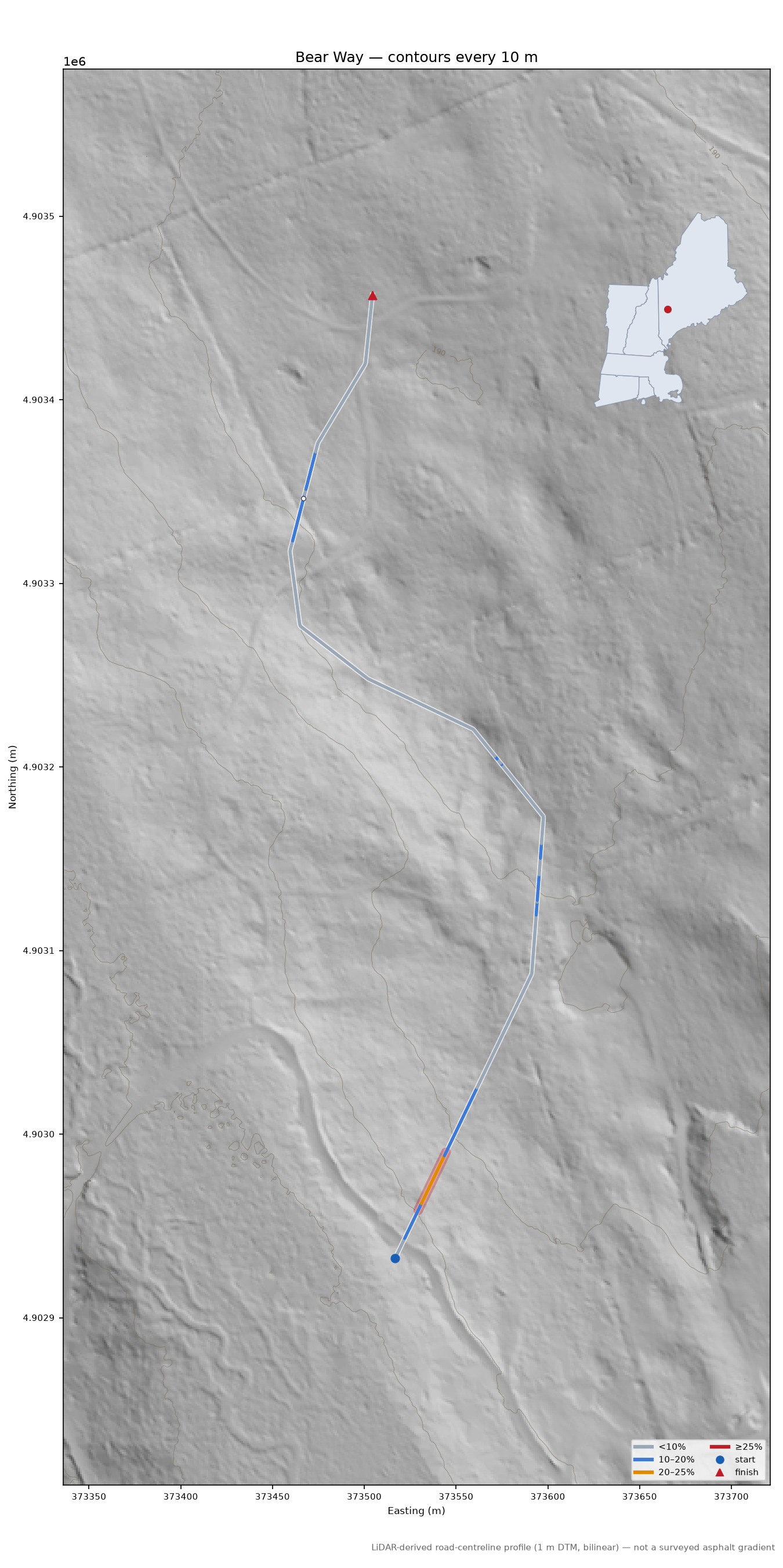 Bear Way LiDAR hillshade map with contours