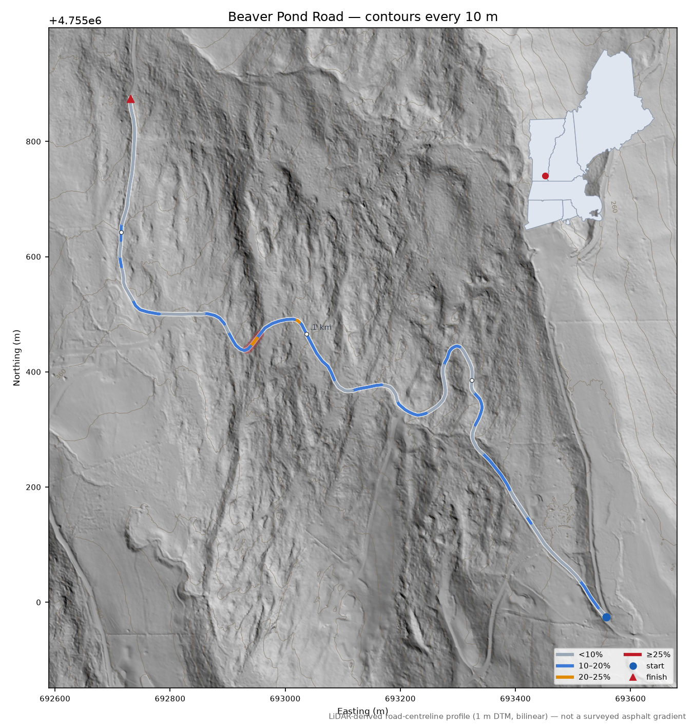 Beaver Pond Road LiDAR hillshade map with contours