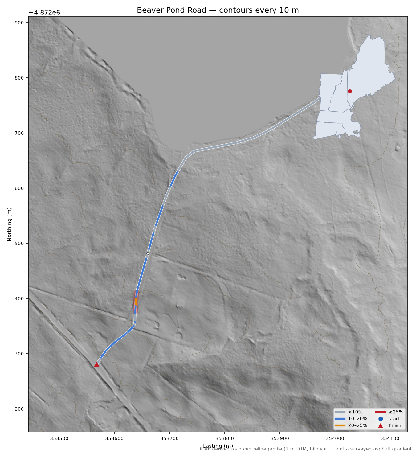 Beaver Pond Road LiDAR hillshade map with contours