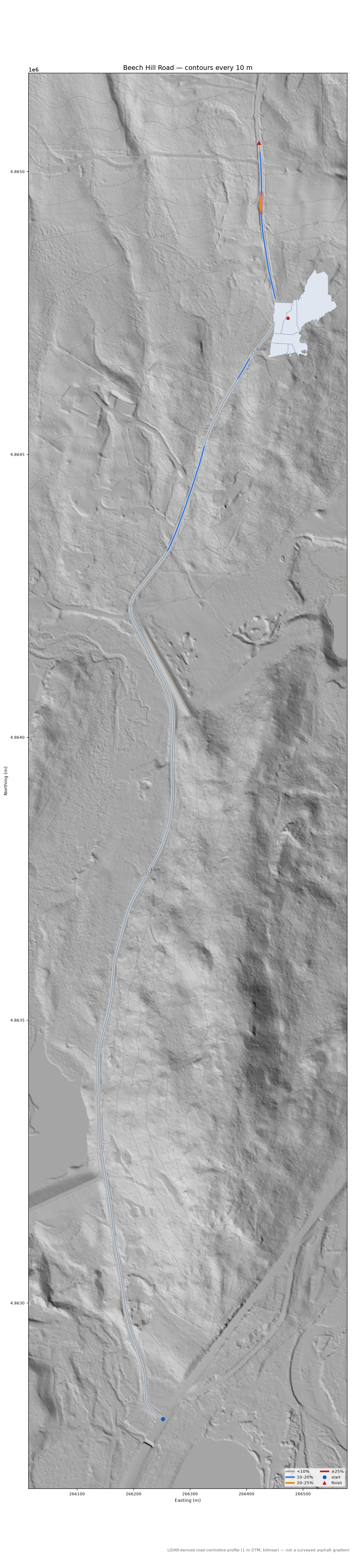 Beech Hill Road LiDAR hillshade map with contours