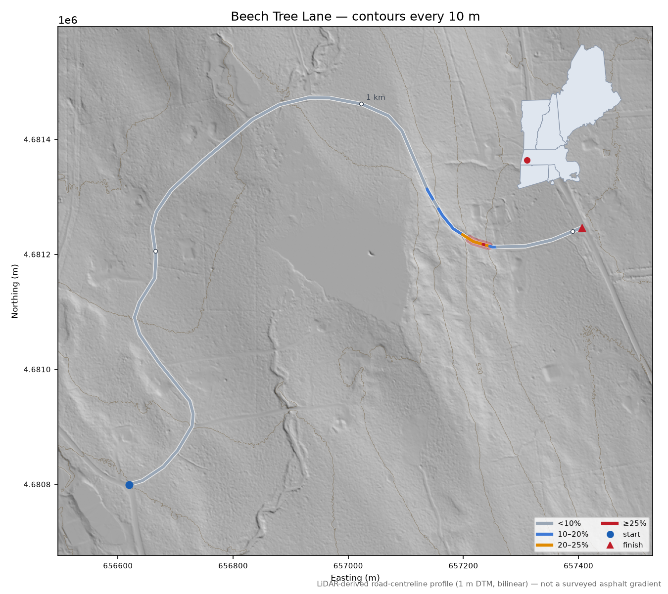 Beech Tree Lane LiDAR hillshade map with contours