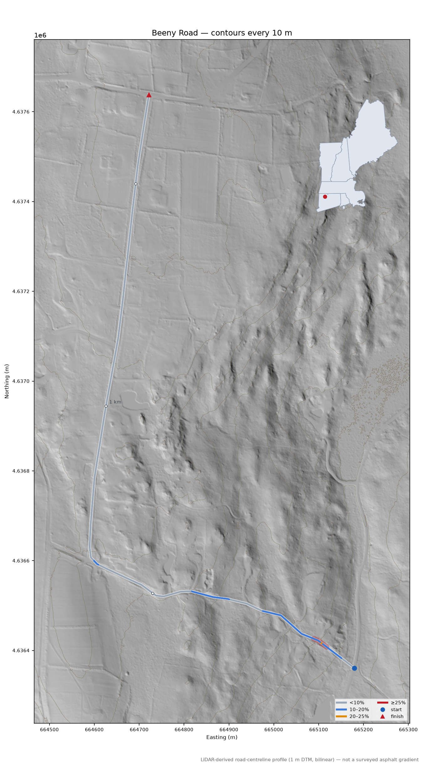 Beeny Road LiDAR hillshade map with contours