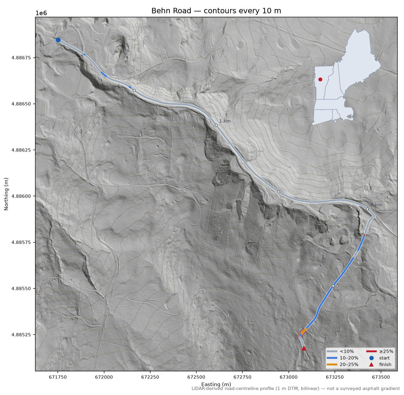 Behn Road LiDAR hillshade map with contours
