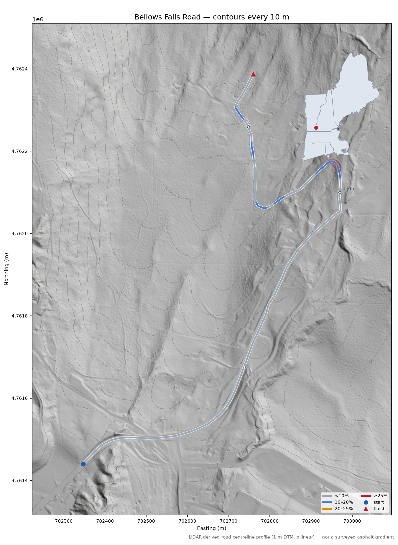 Bellows Falls Road LiDAR hillshade map with contours