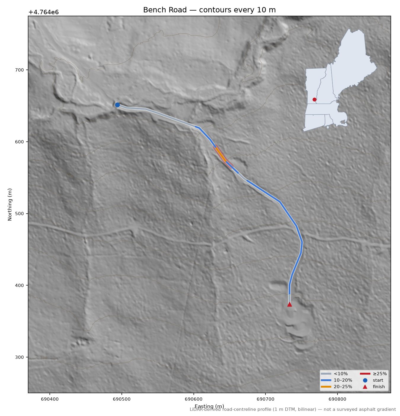 Bench Road LiDAR hillshade map with contours