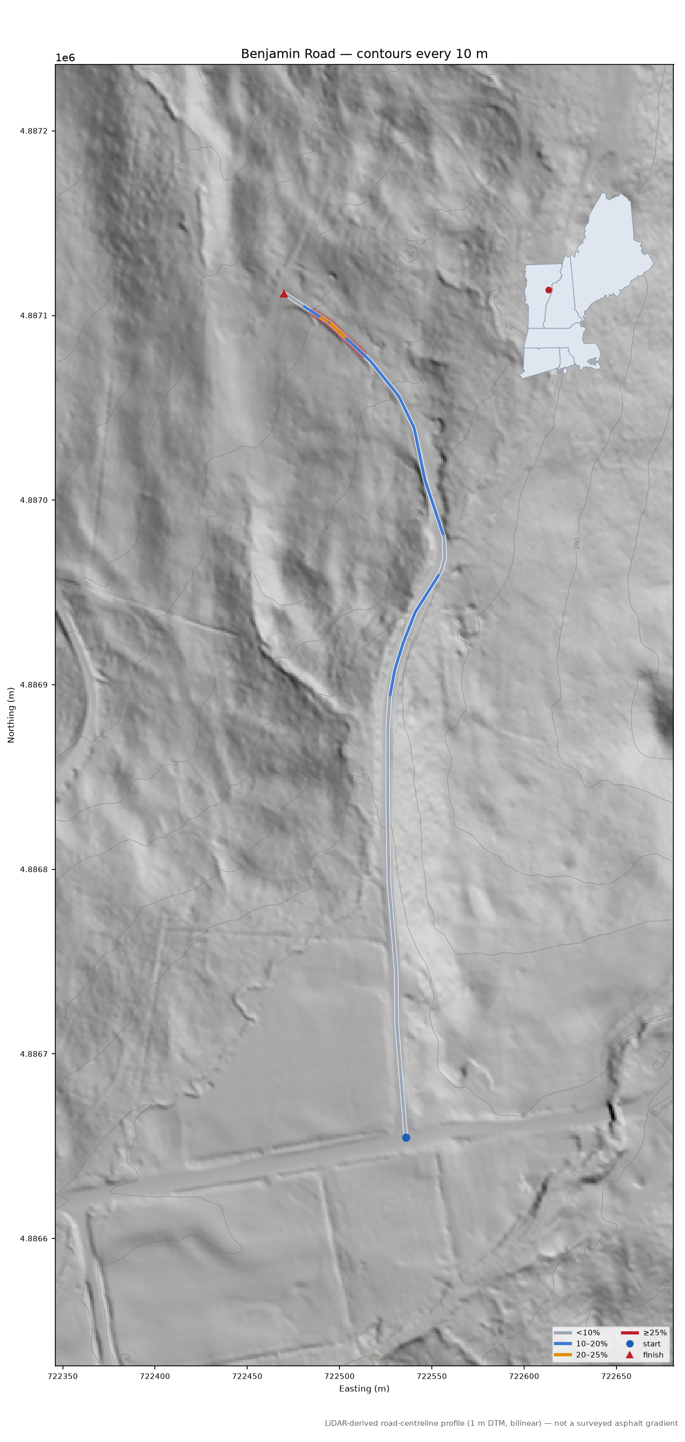 Benjamin Road LiDAR hillshade map with contours