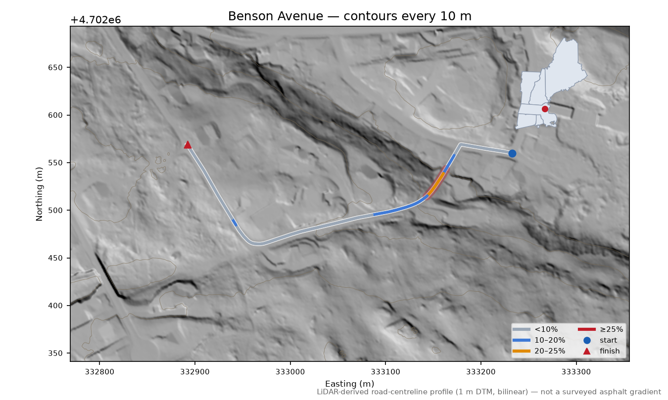 Benson Avenue LiDAR hillshade map with contours