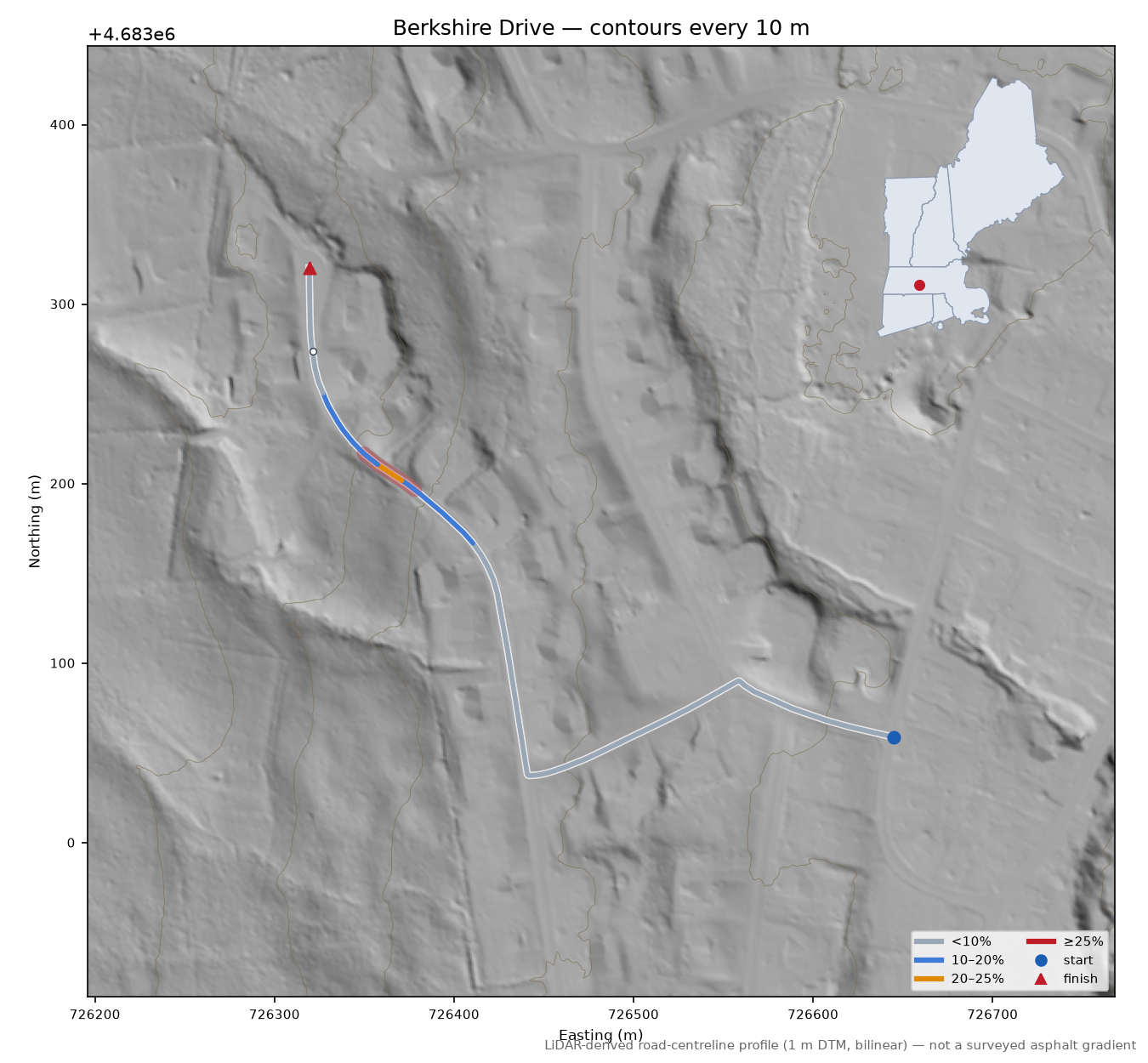 Berkshire Drive LiDAR hillshade map with contours