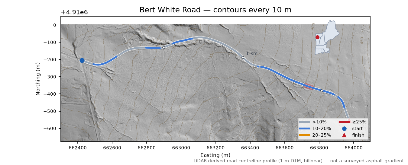 Bert White Road LiDAR hillshade map with contours