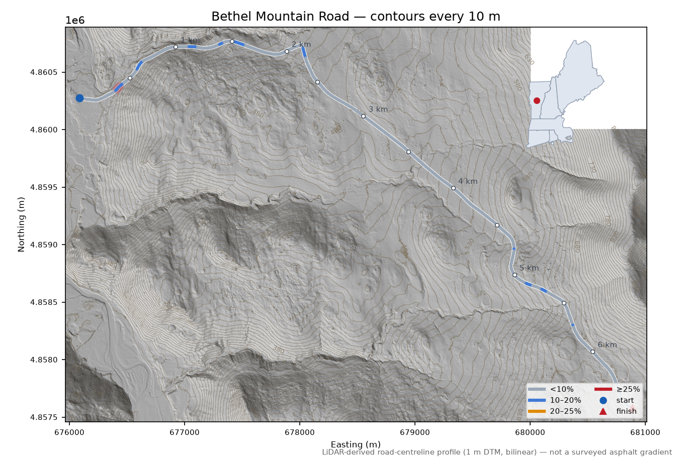 Bethel Mountain Road LiDAR hillshade map with contours