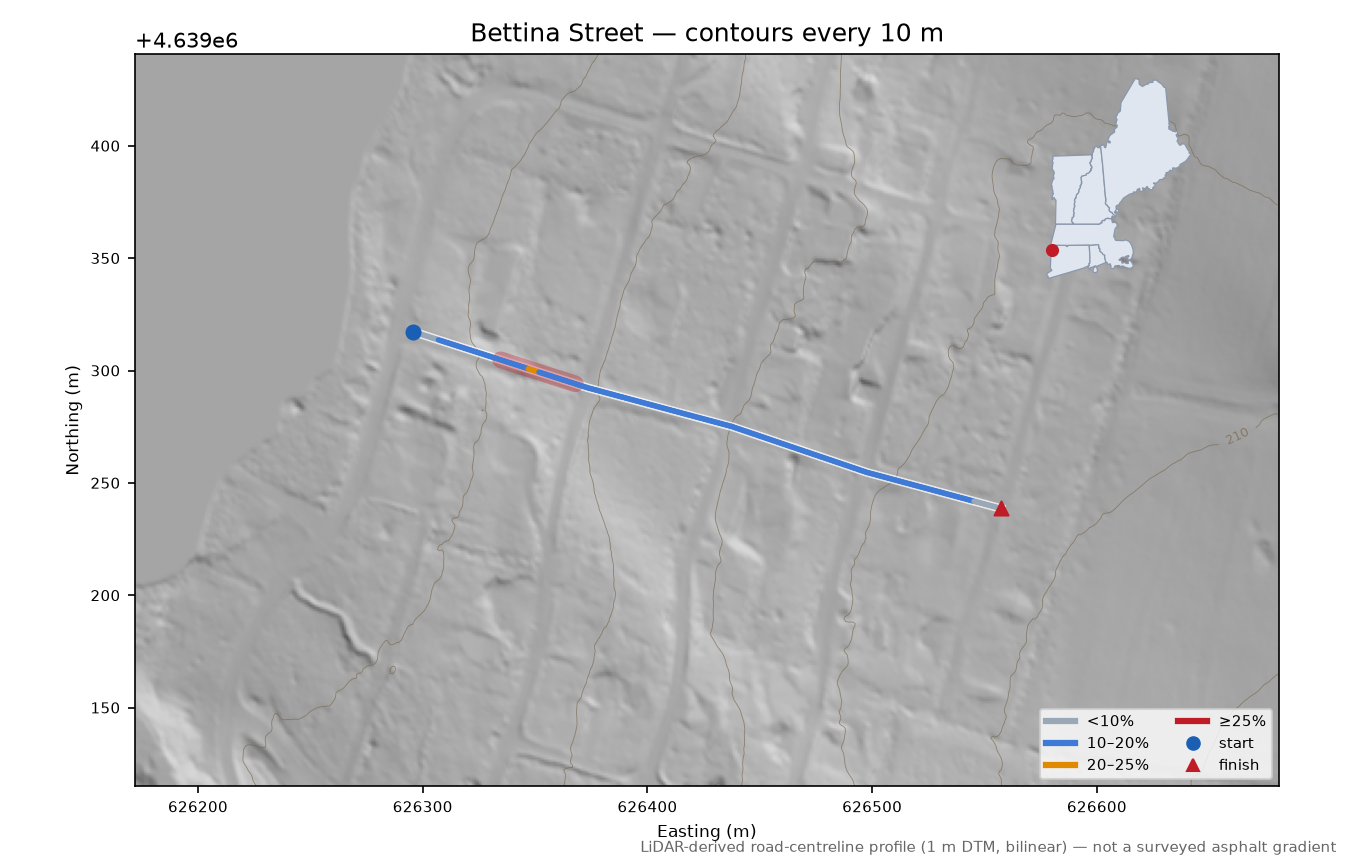 Bettina Street LiDAR hillshade map with contours
