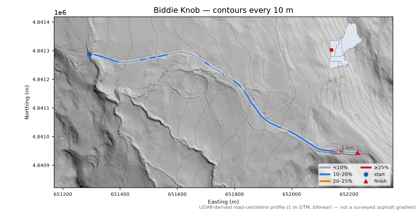 Biddie Knob LiDAR hillshade map with contours