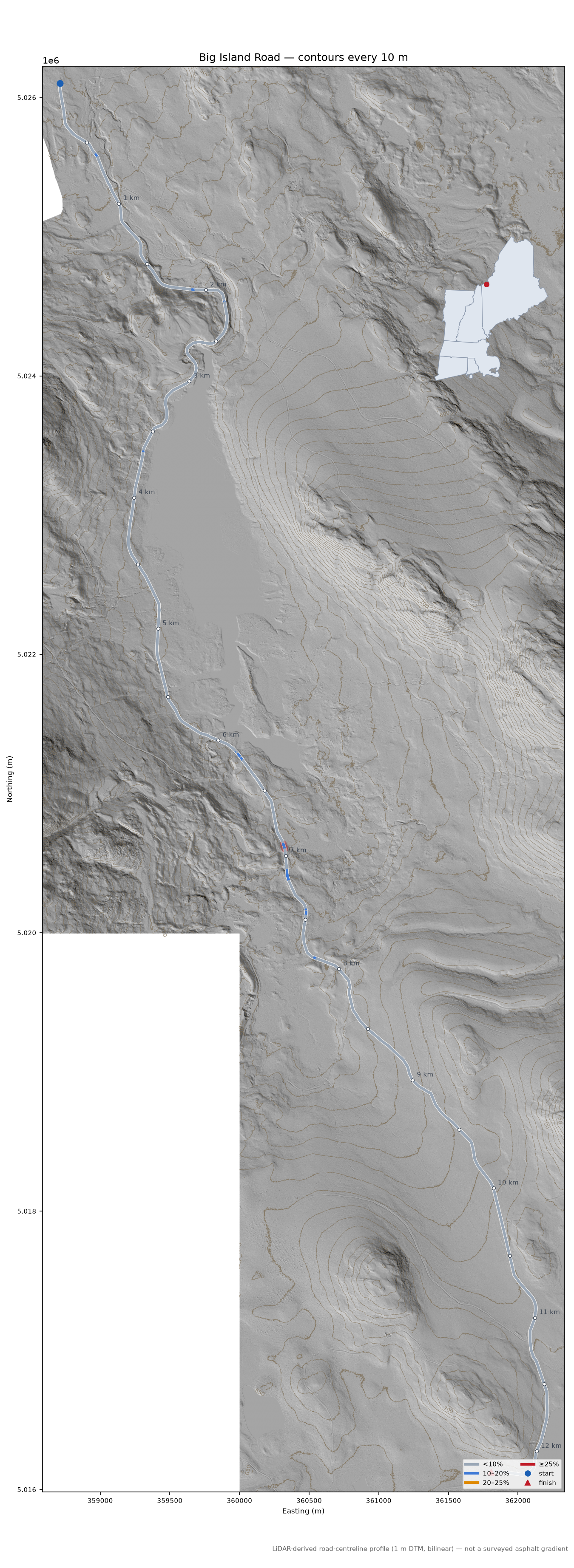 Big Island Road LiDAR hillshade map with contours